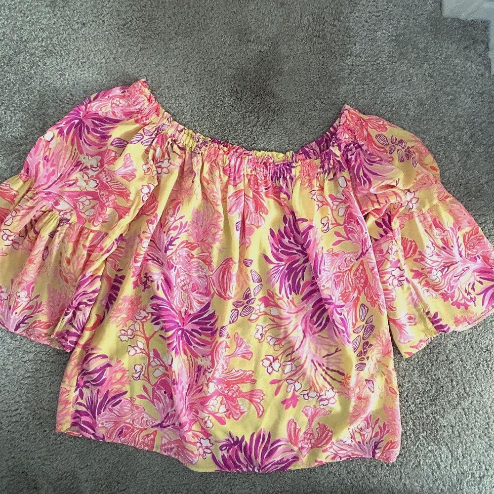 Lily Pulitzer Peasant Top, "Calla Yellow Floral Coral" SzM, Yello, pink, magenta